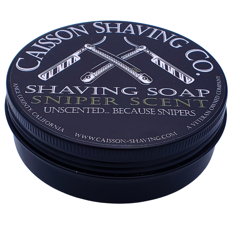 Closed can of Caisson Sniper Scent unscented shaving soap.