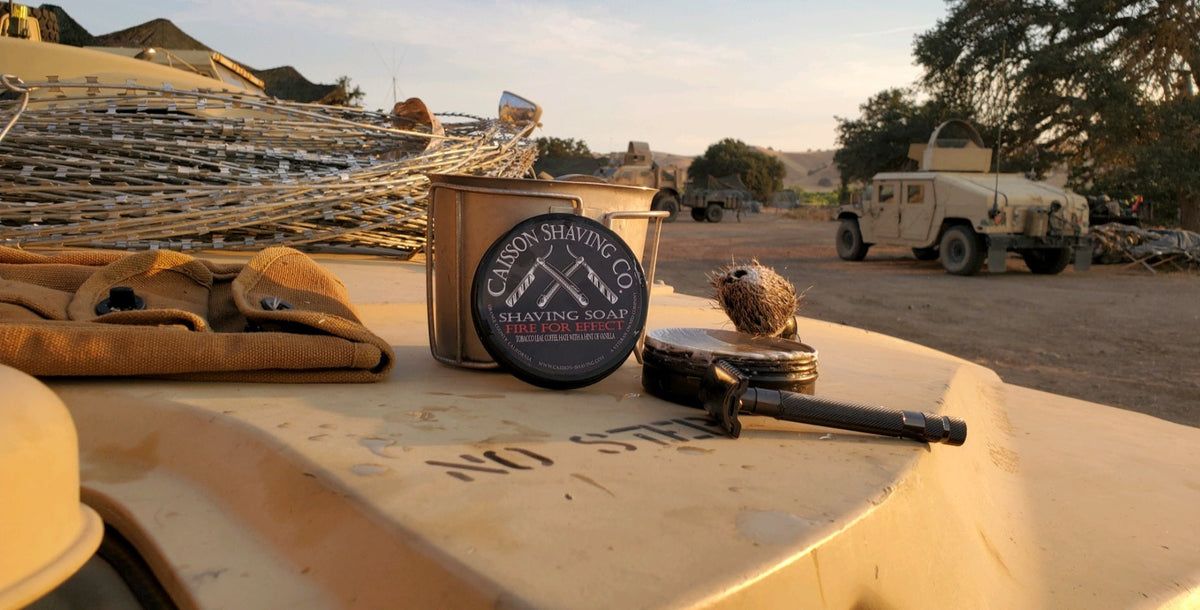 Caisson shaving soap, brush, and razor on a military vehicle.