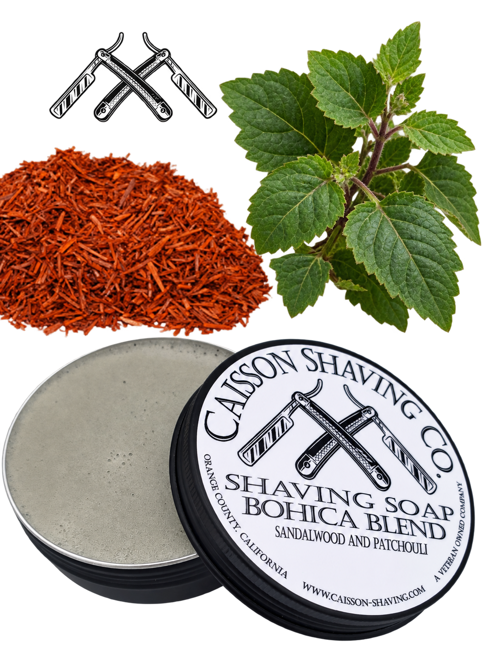 Open Bohica Blend shaving soap tin with sandalwood shavings and patchouli leaves.