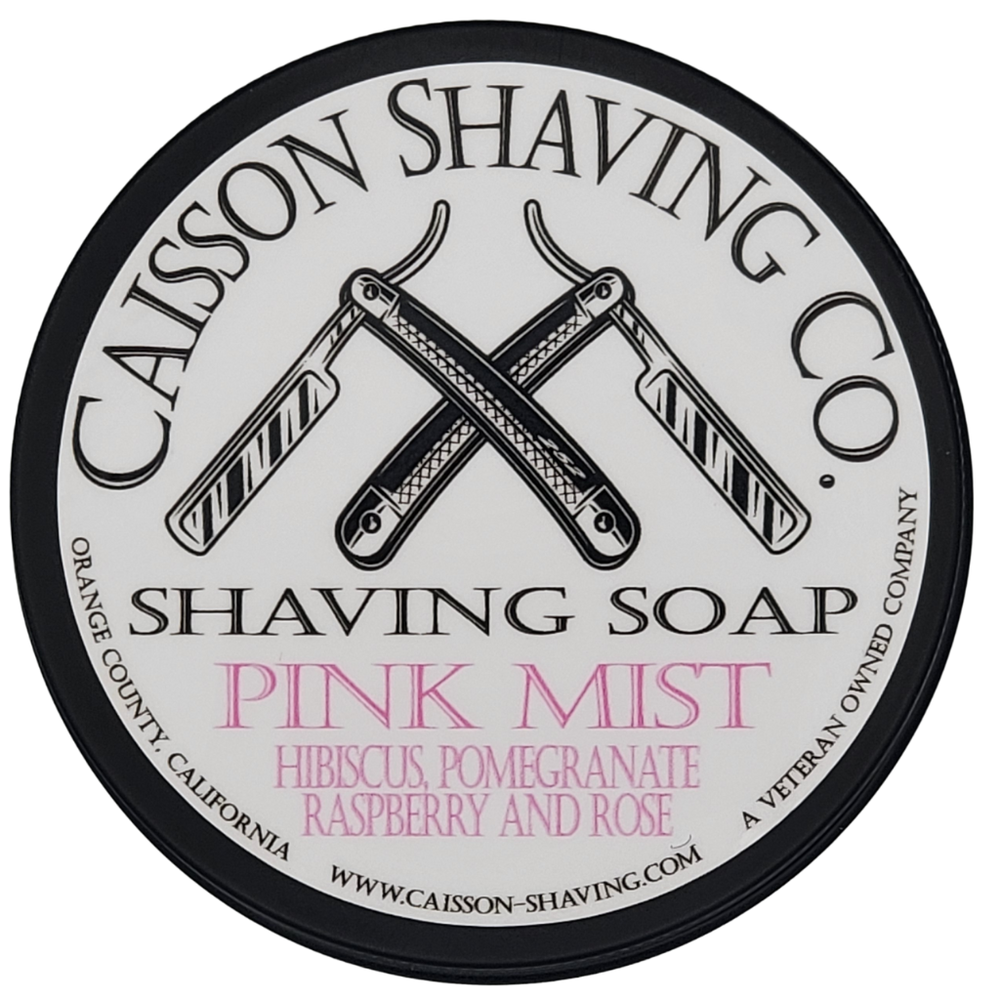 Close-up of the Pink Mist shaving soap lid.