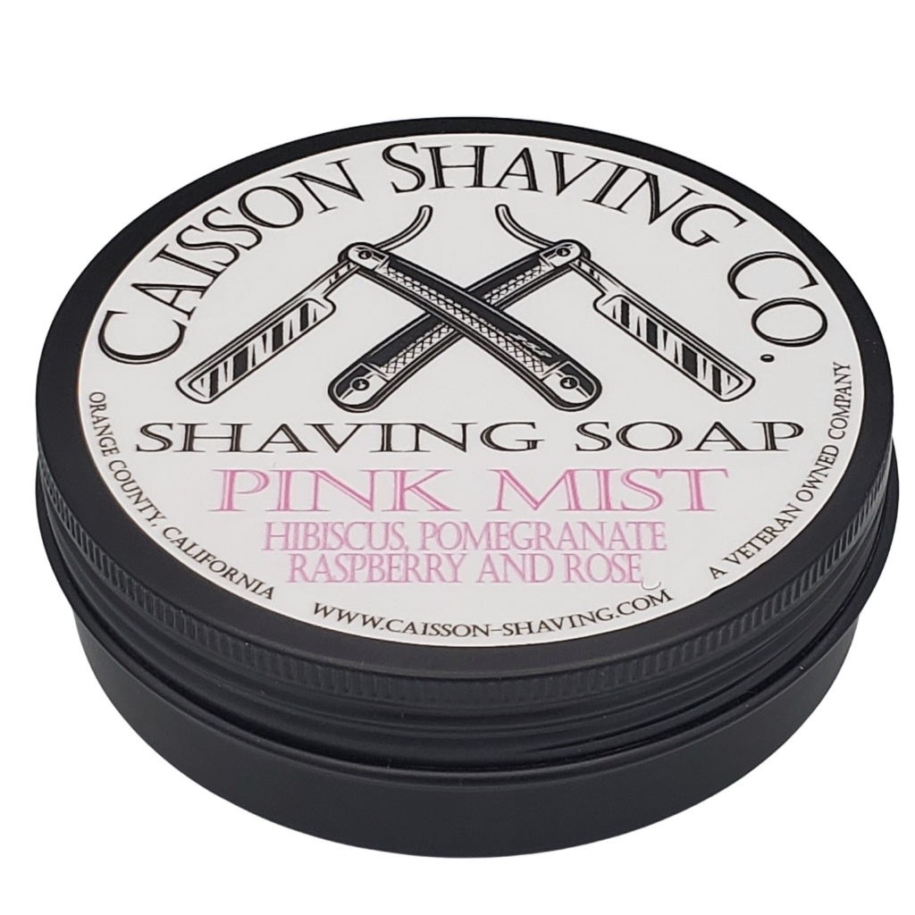 Closed can of Caisson Pink Mist shaving soap.