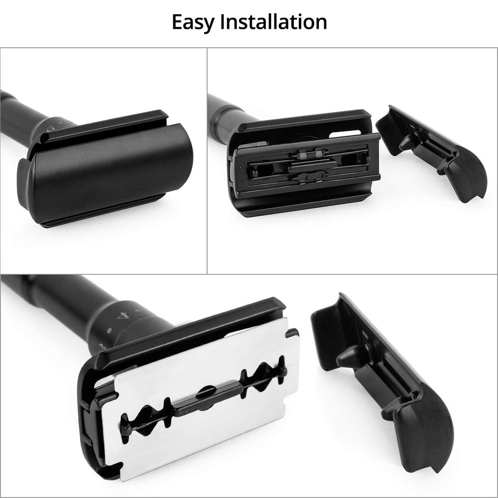 Steps showing how to remove the razor cap and install a double edge blade.