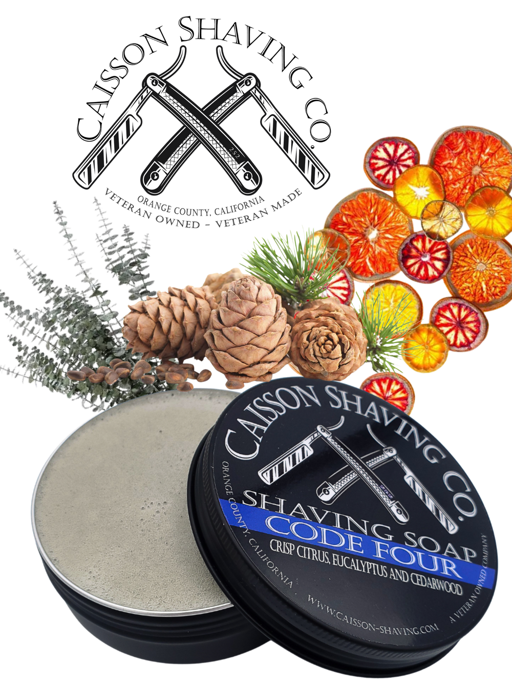 Code Four shaving soap with citrus, eucalyptus and cedarwood scent imagery.