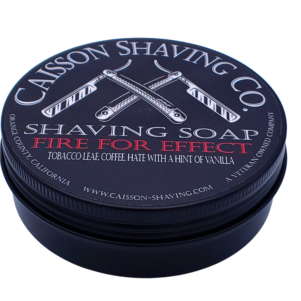 Closed can of Caisson Fire For Effect shaving soap.