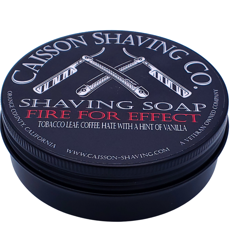 Closed can of Caisson Fire For Effect shaving soap.