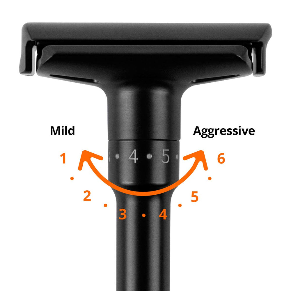 Caisson safety razor adjustment dial showing mild to aggressive settings.